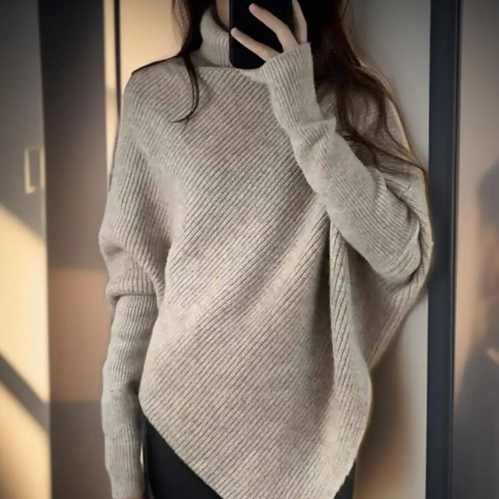 

Women Loose Style Sweater Cozy Bat Sleeve Sweater for Women High Collar Irregular Hem Pullover with Thick Warm Soft Elastic