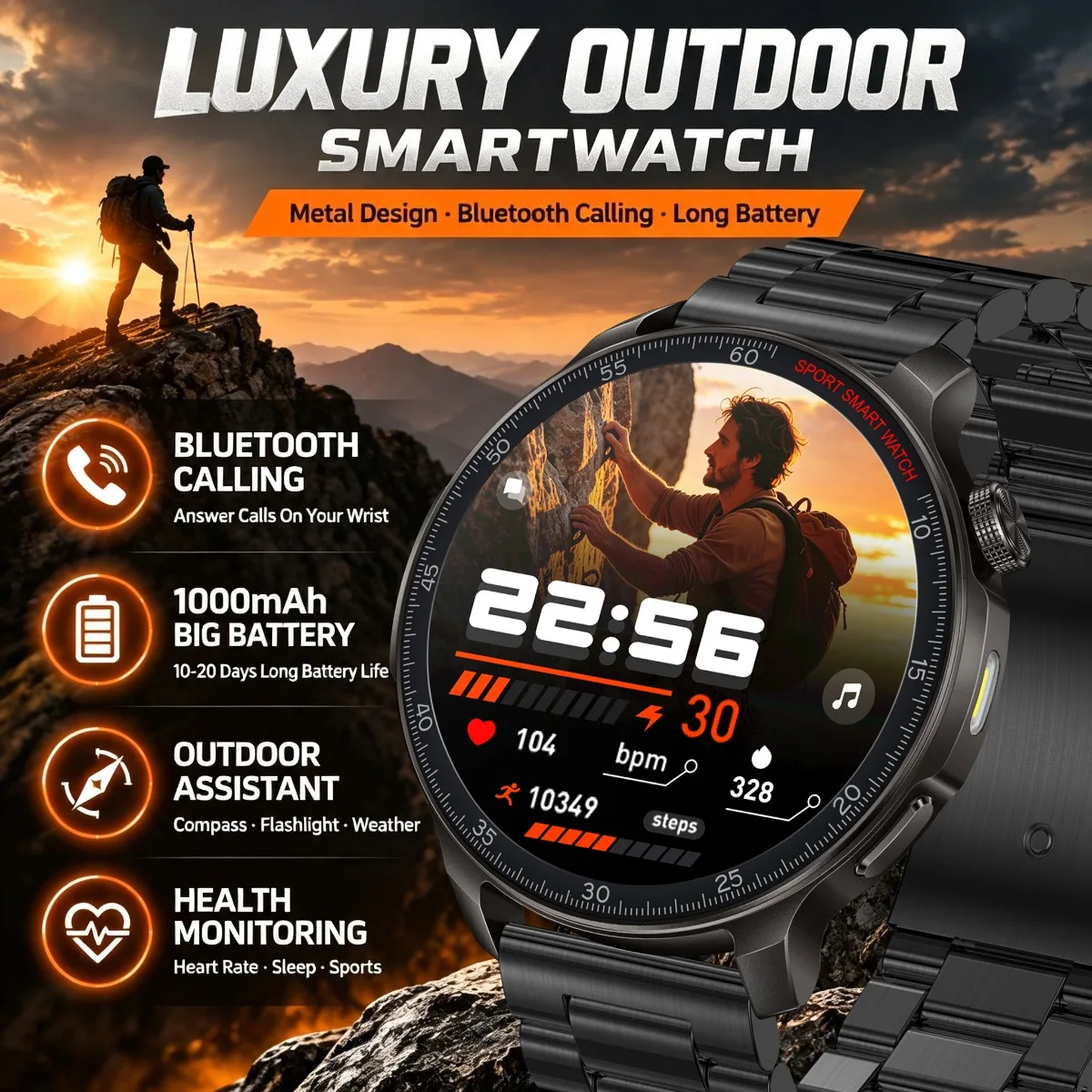 Outdooor Smart Watch Men: 1000mAh Battery Bluetooth Calls Sports Mode Health Monitoring Flashlight Voice Assistant SmartWatch