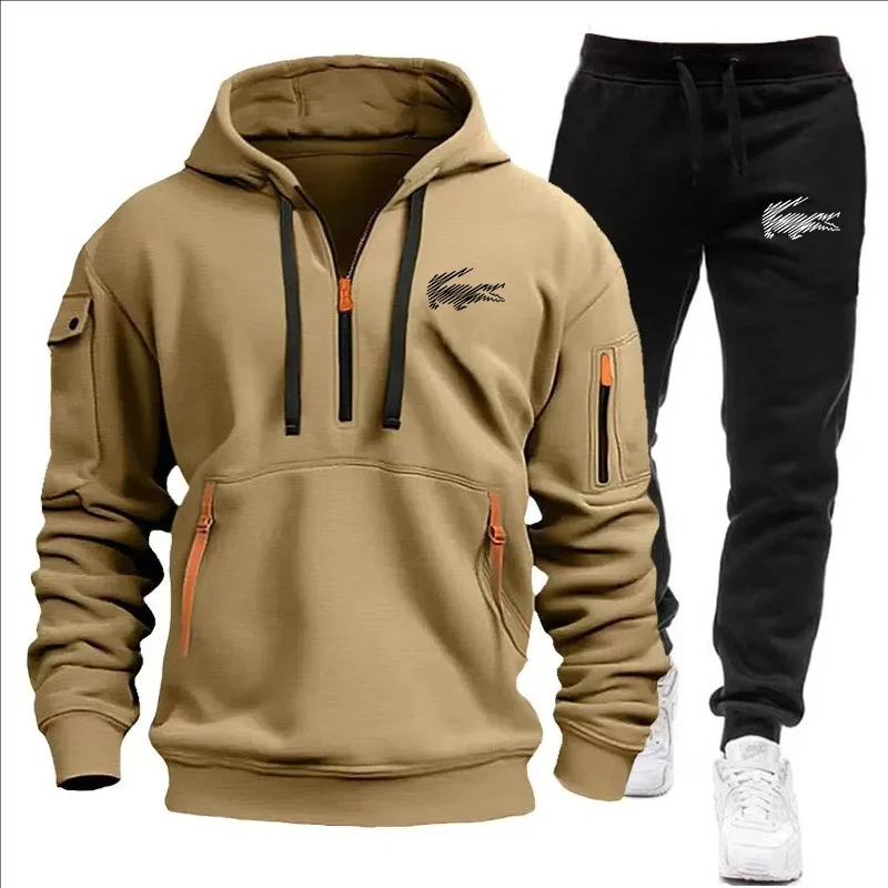 2024 New Spring and Autumn men's multi-pocket zipper hoodie + sweatpants two-piece jogging leisure fitness sports clothing set