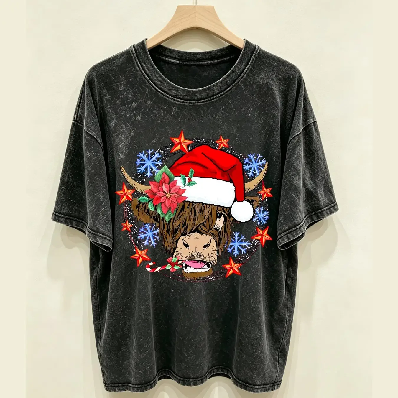 washed T Shirt Christmas Crewneck Cow Highland SweaT Farm Holiday s Xmas long or short sleeves vintage Washed Stretched