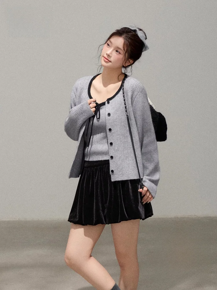 

ay Tone Velvet ter Ne Открытый кардиган и юбка плюс размер Женский корейский комплект для похудения Faion Осень Зима Ou...