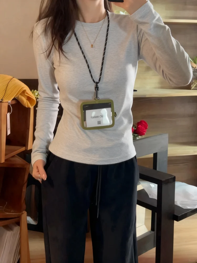 

Женская футболка с круглым вырезом и длинным рукавом, 95% хлопок, приталенная, однотонная, для весны и осени, в корейском стиле, для повседневной носки