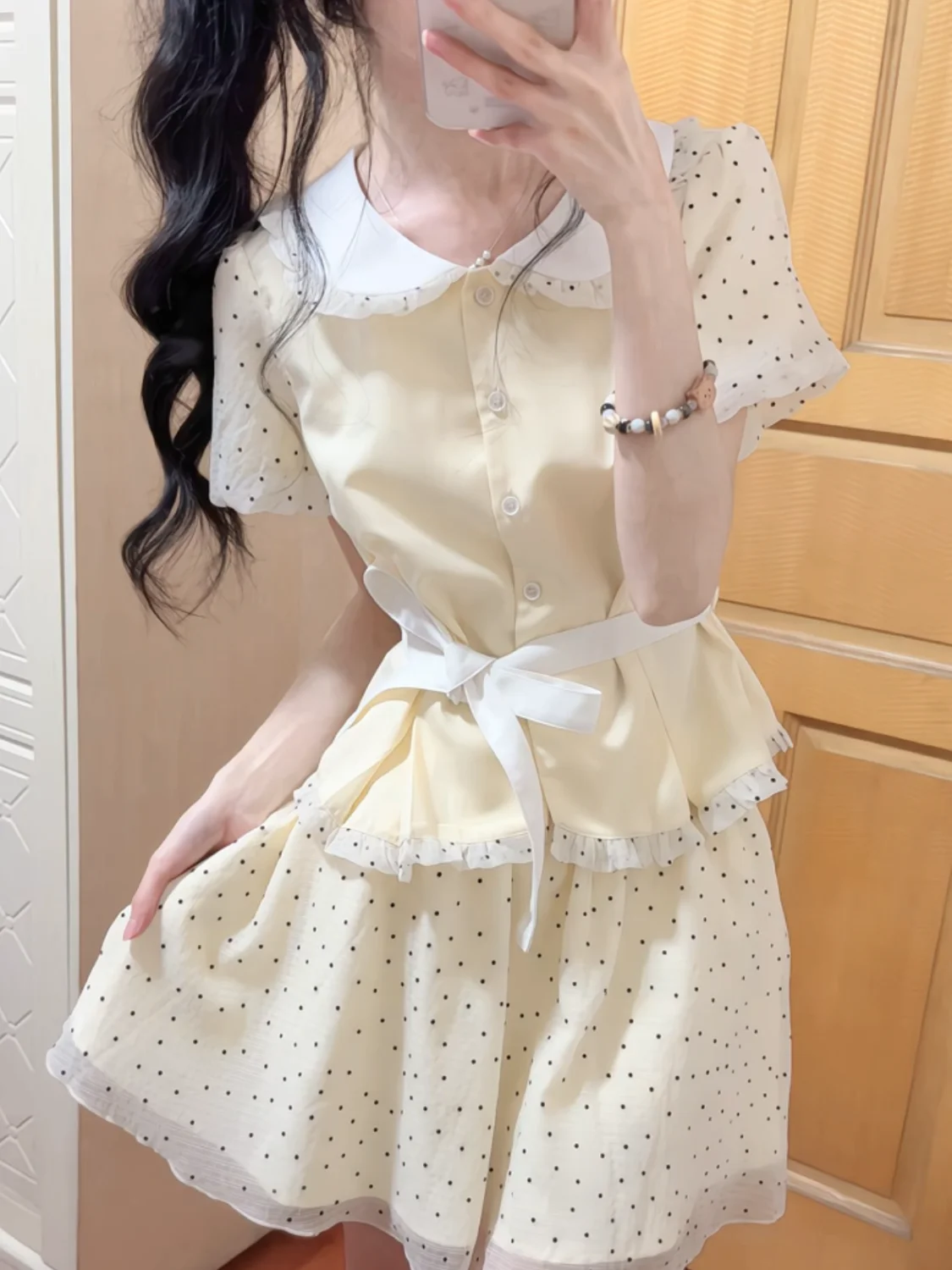 

Japan Sweet Outfit Summer Casual College Style Suit Women'S Short-Sleeved Top Polka Dot Skirt Two-Piece Suit