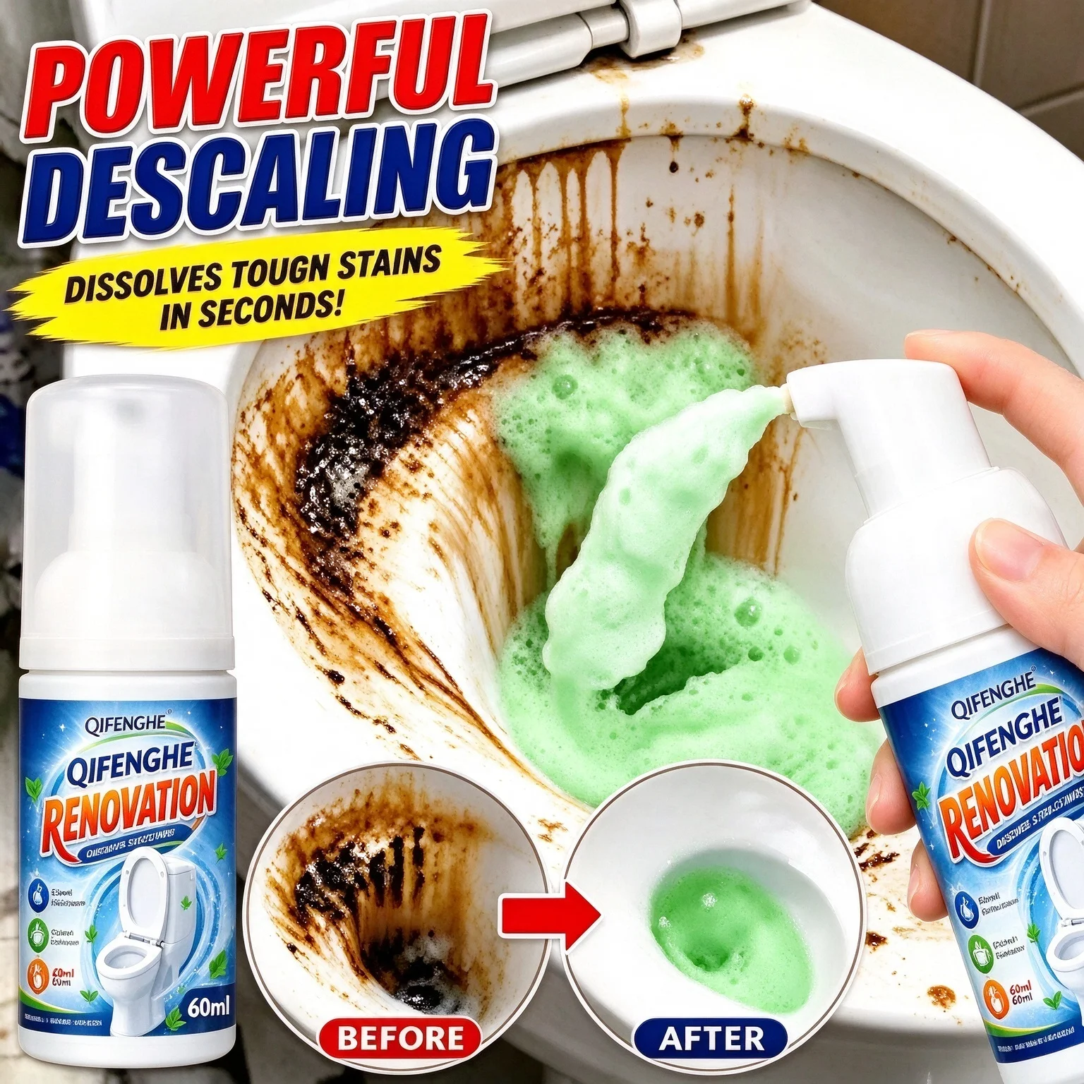 60ml Toilet Bowl Descaling Foam Cleaner Powerful Stain Remover Odor Eliminator Sparkling Shine