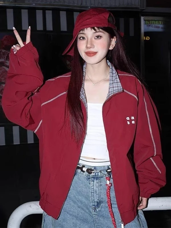 

American Sle Plaid Collar Jaet Men's Spor Embroidered Red Cheered Casual Coat Baseball orm Trendy Autumn Wear