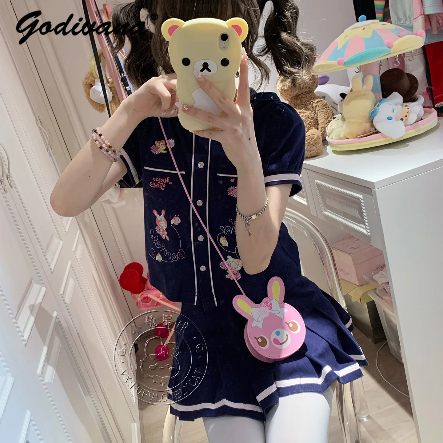 

Новый летний оригинальный голубой комплект с короткой юбкой с вышивкой, кавайное платье для дочери и девочек, женский топ с короткими рукавами и капюшоном, плиссированная юбка