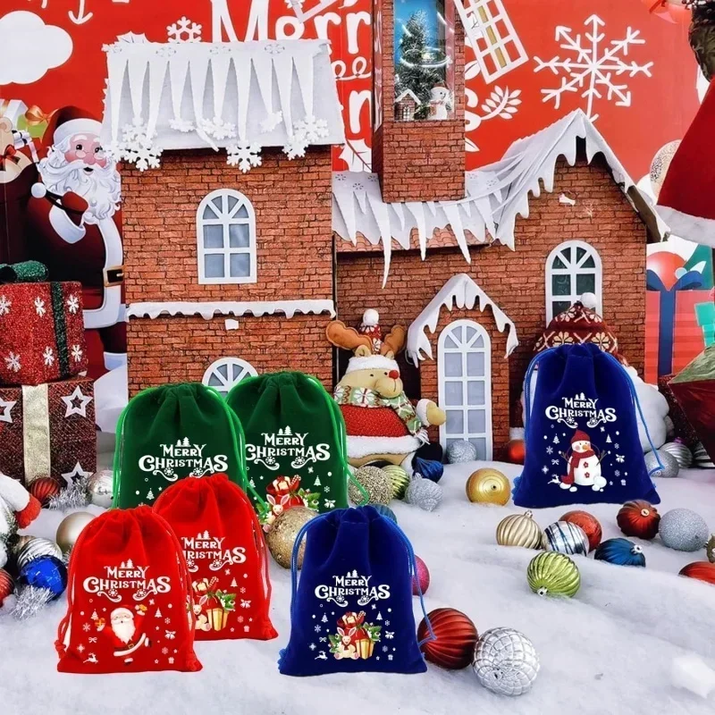 12-48PCS Christmas Drawstring Gift Bag Apple Candy Cookie Packaging Pouch for Holiday Party Home Reusable Supplies