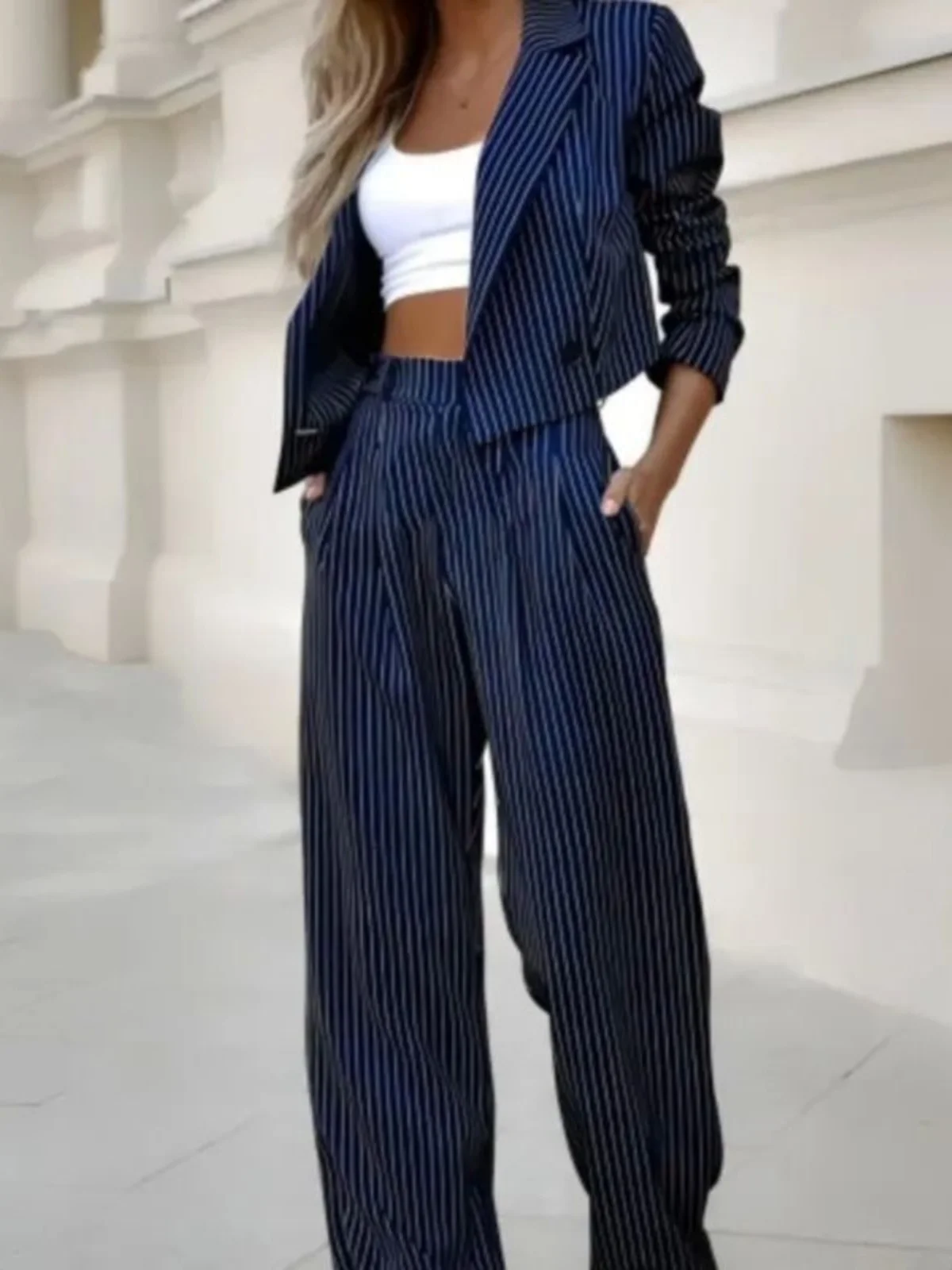 

Striped Collar Suit Straight Leg Pants Set Women's Casual Sportswear Long Sve Long Pants Autumn Collection Faionable Two...