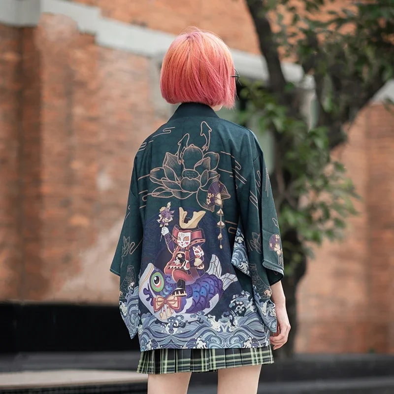 

Кимоно Харадзюку, традиционное хаори, косплей, юката, летний карп с цветочным принтом, свободный японский уличный кардиган для женщин