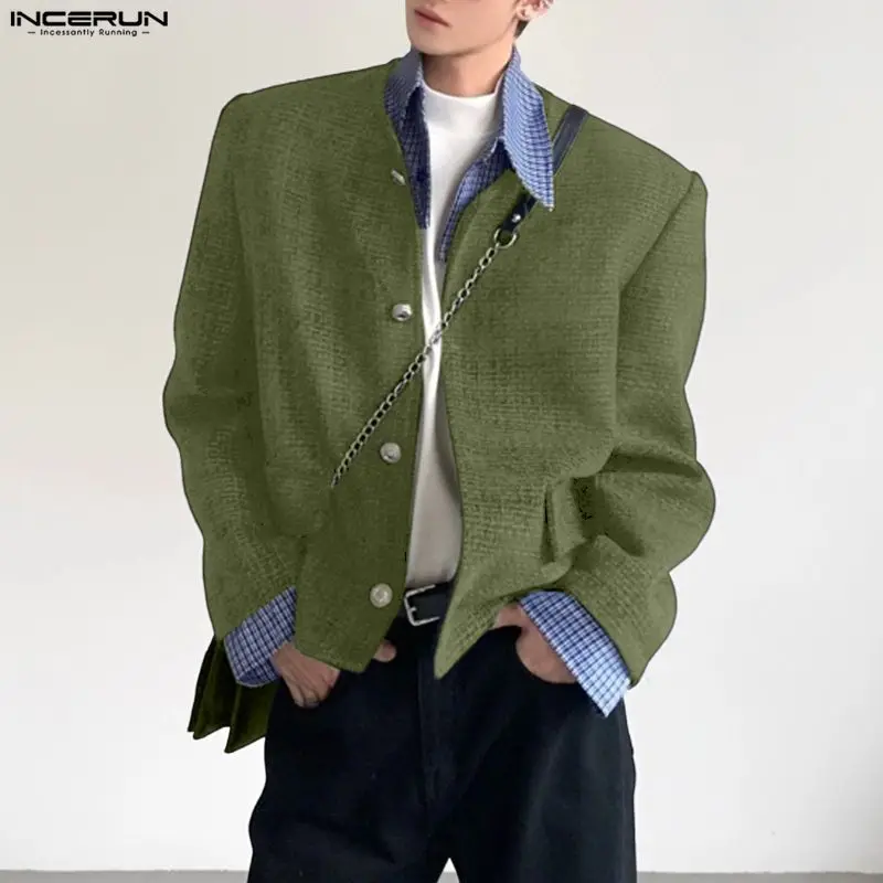 INCERUN 男性ジャケットパッチワークラペル長袖ボタンカジュアルコート男性ストリート 2025 韓国スタイルファッション男性ジャケット S-5XL