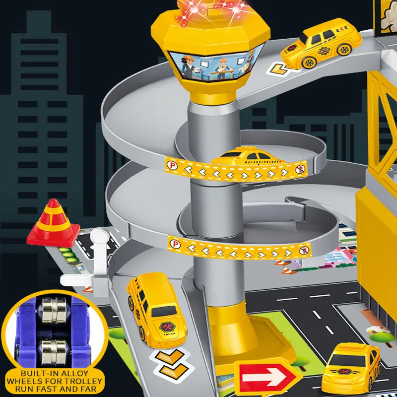 Parcheggio Giocattoli Parcheggio per vagoni ferroviari elettrici Assemblato fai-da-te Pista Inerzia Auto Ingegneria Mini Veicolo Giocattolo Ragazzi Bambini Compleanno Gif