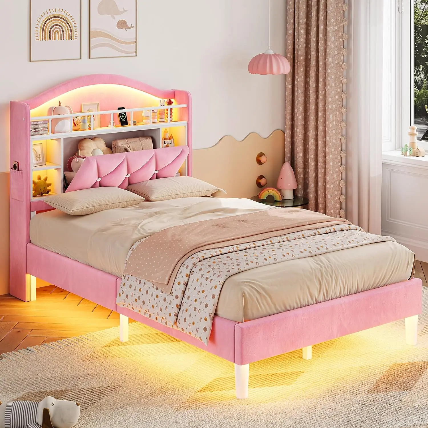 Twin Bed Frame LED Lights Girls Pink Velvet Upholstered Princess Style Headboard Charging Station Crystal Button No Box Spring N