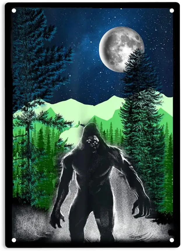 Bigfoot Hiding in Forest Under Night Sky Sign Metal Tin Sign, Sasquatch Poster for Home Cafes Bars Pub Man Cave Wall Decor  sign