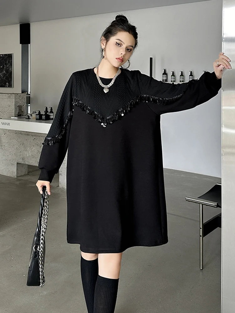 NYFS 2024 شتاء جديد فساتين امرأة Vestidos رداء Elbise فضفاض حجم كبير مطرز الترتر المرقعة فستان طويل