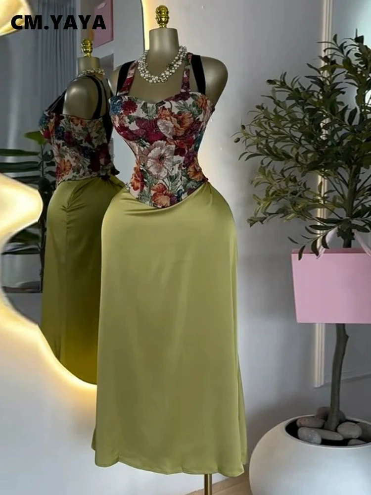 CM.YAYA Conjunto de vestido para mujer, Top con corsé con lazo estampado y falda larga, traje de noche elegante de verano 2025, conjunto de dos piezas