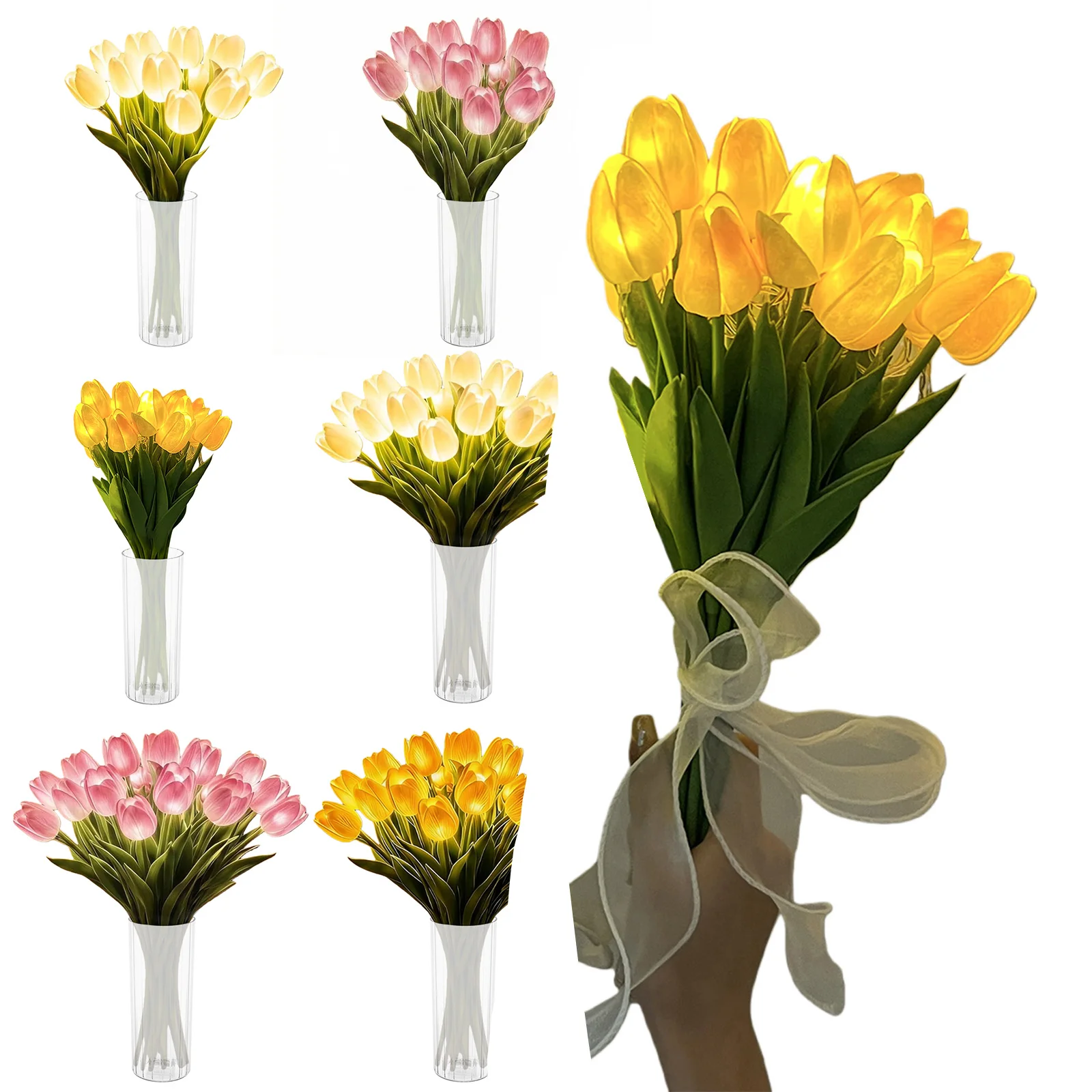 10/15pcs LED Lighted Artificial Flowers Tulip Lamp with Vase Flower Table Lamp Tulip Desk LED Night Light