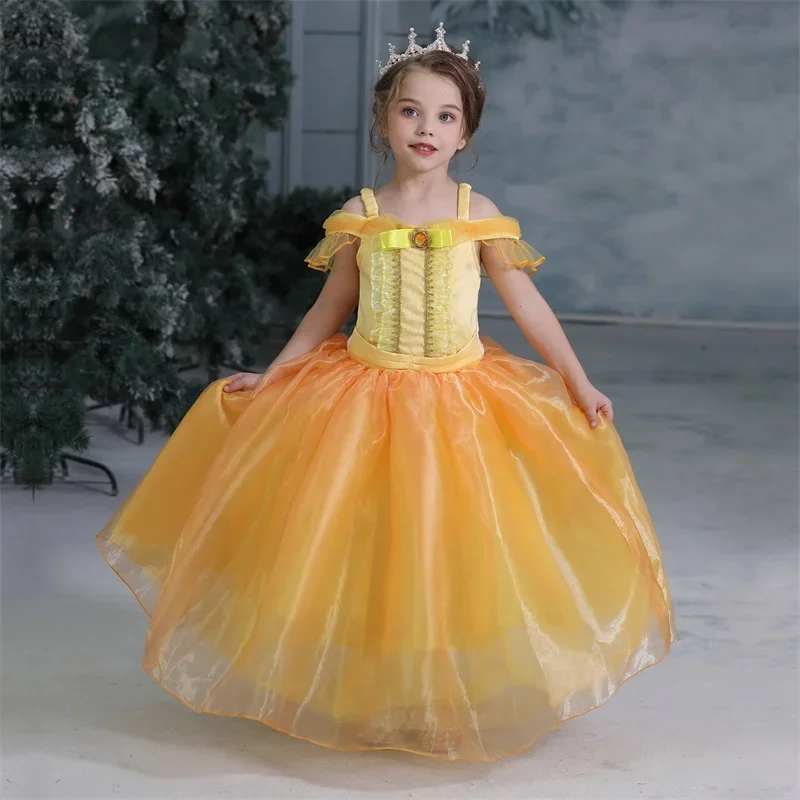 Christmas Girl Cosplay Princess Bella Dress Beauty and The Beast Kids Dress Up Party Hallowen Birthday Drama Photograph Costume