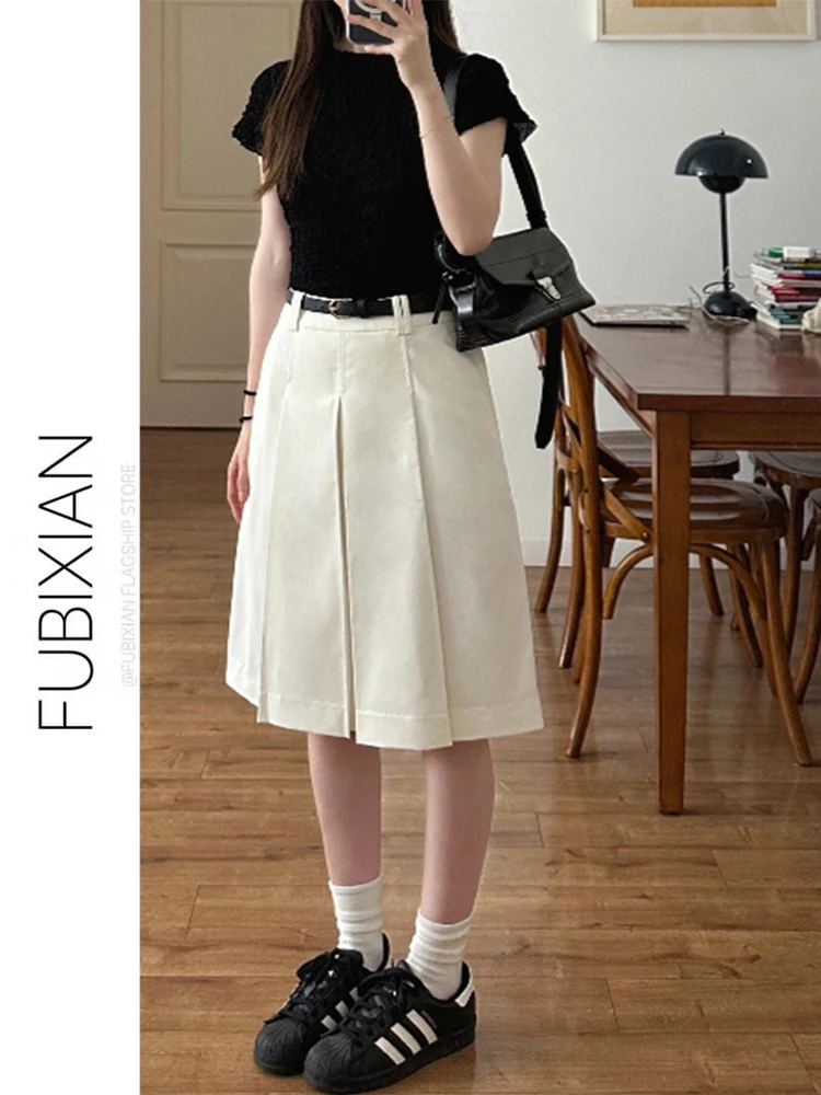 Abito bianco Gonna a pieghe Sle Gonna casual versatile da donna Faionable Design a vita media Lunghezza midi di Fubian