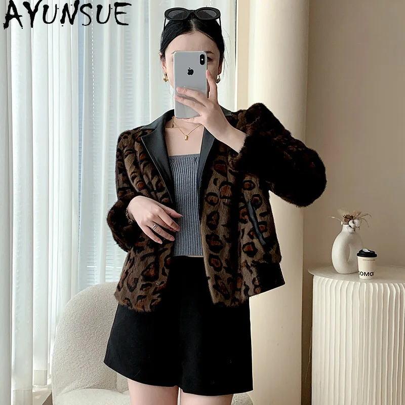 سترة من فراء المنك الطبيعي من AYUNSUE بدلة نسائية بياقة من جلد الغنم سترة من الفرو الحقيقي للمرأة ملابس من المينك الكامل 2025 شوبانا Жénska