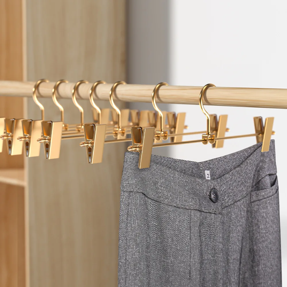 

5 Pack Shiny Gold 12 Inch Metal Pants Skirts Hanger, Sturdy for Slacks Trousers with 2 Adjustable Non Slip Clips and Swivel