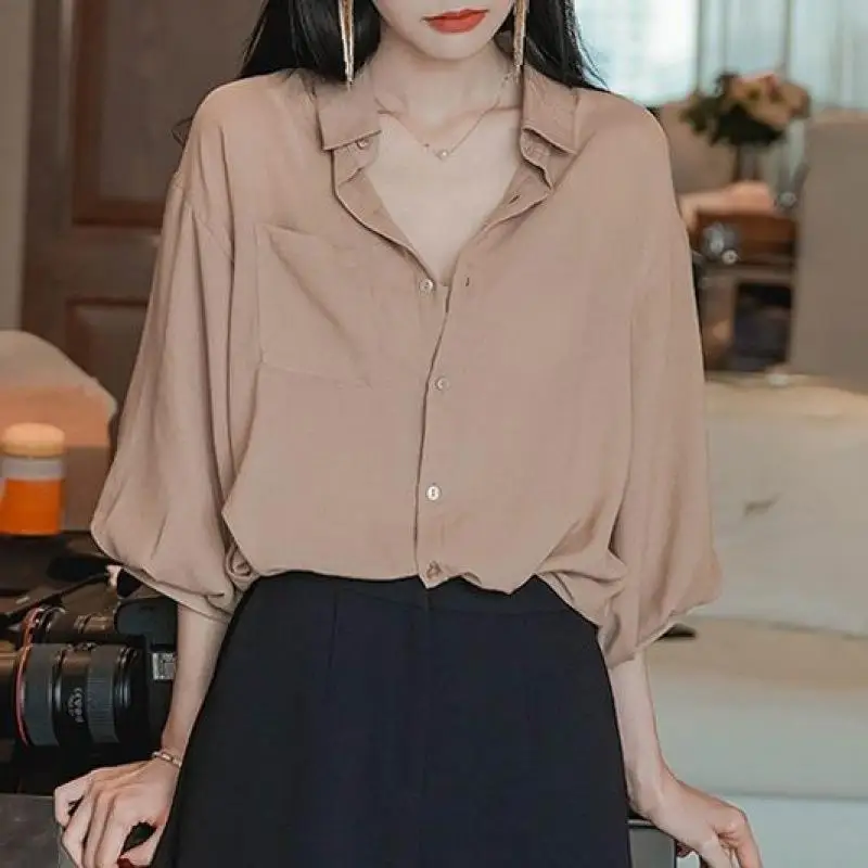 Women Summer Korean Vintage Loose Solid Color Polo-Neck 3/4 Sleeve Chiffon Shirts Ladies Casual All-match Appear Thin Thin Tops