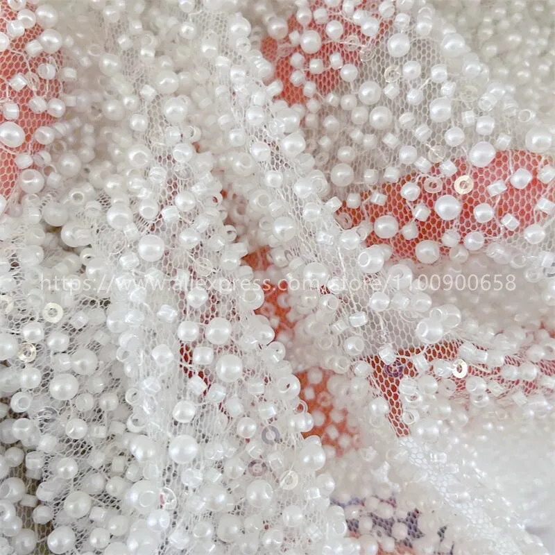 Pearl White Bridal Lace Fabric Full of Pearl Embroidery Luxury Beaded Wedding Dress, Advanced Custom-Made Sewing Fabric