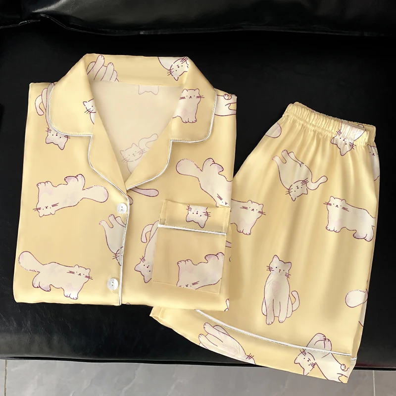Conjunto de pijamas con estampado Kawaii de conejo para mujer, pijamas informales de estilo coreano para mujer, ropa de descanso corta a la moda