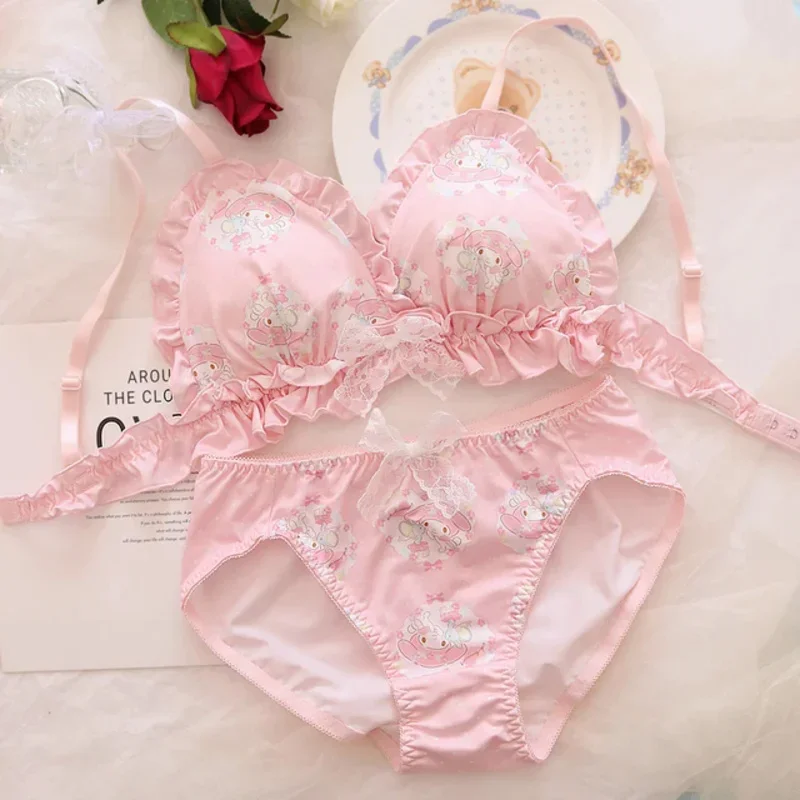 Lolita-Soutien-gorge et culotte à volants de lait mignons pour femmes, ensemble de lingerie, soutiens-gorge et slips pour filles japonaises, sous-vêtements College animés, joli ensemble de soutien-gorge rose