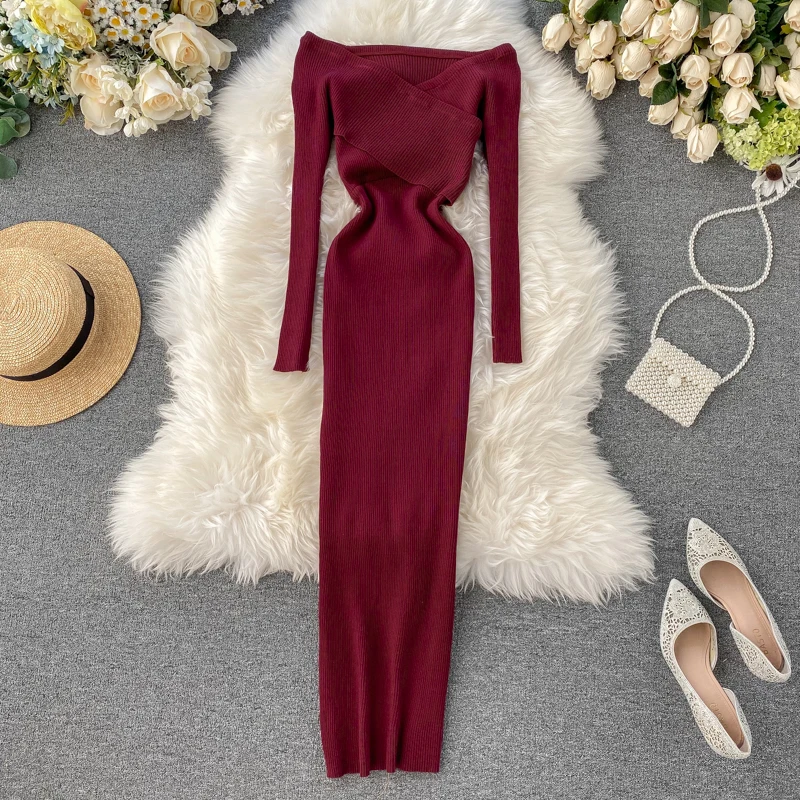 SINGRAIN Slash Neck Knitted Women Sexy Off Shoulder Cross Elastic Warm Autumn Winter Fashion Sweater Bodycon Dress