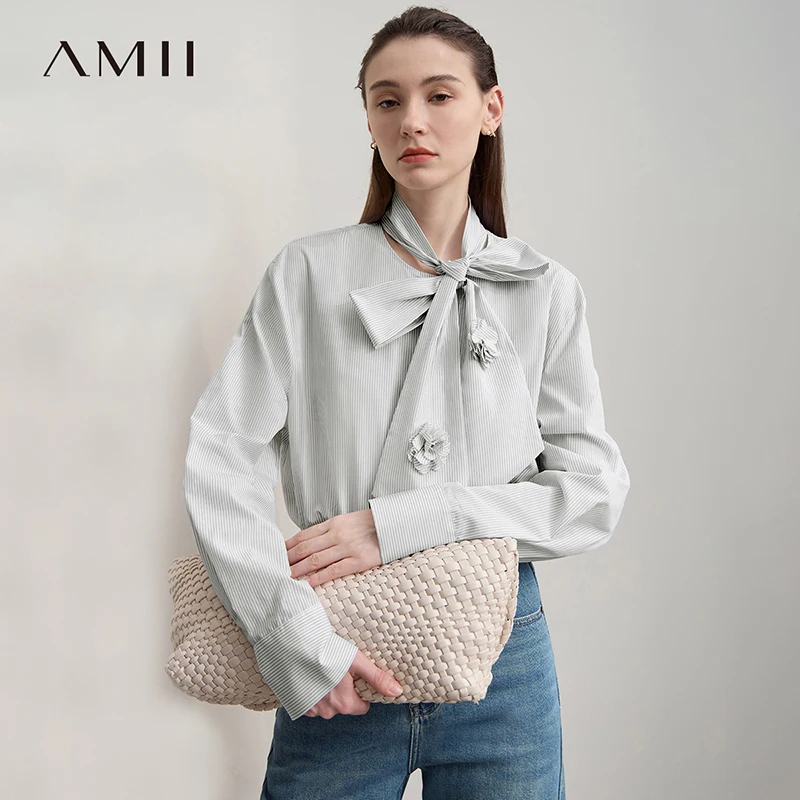 

AMII Women's Shirt 2025 Autumn New Cotton Striped Ladies Tops Loose Medium And Long Half-high Collar Blouses For Women 12543170