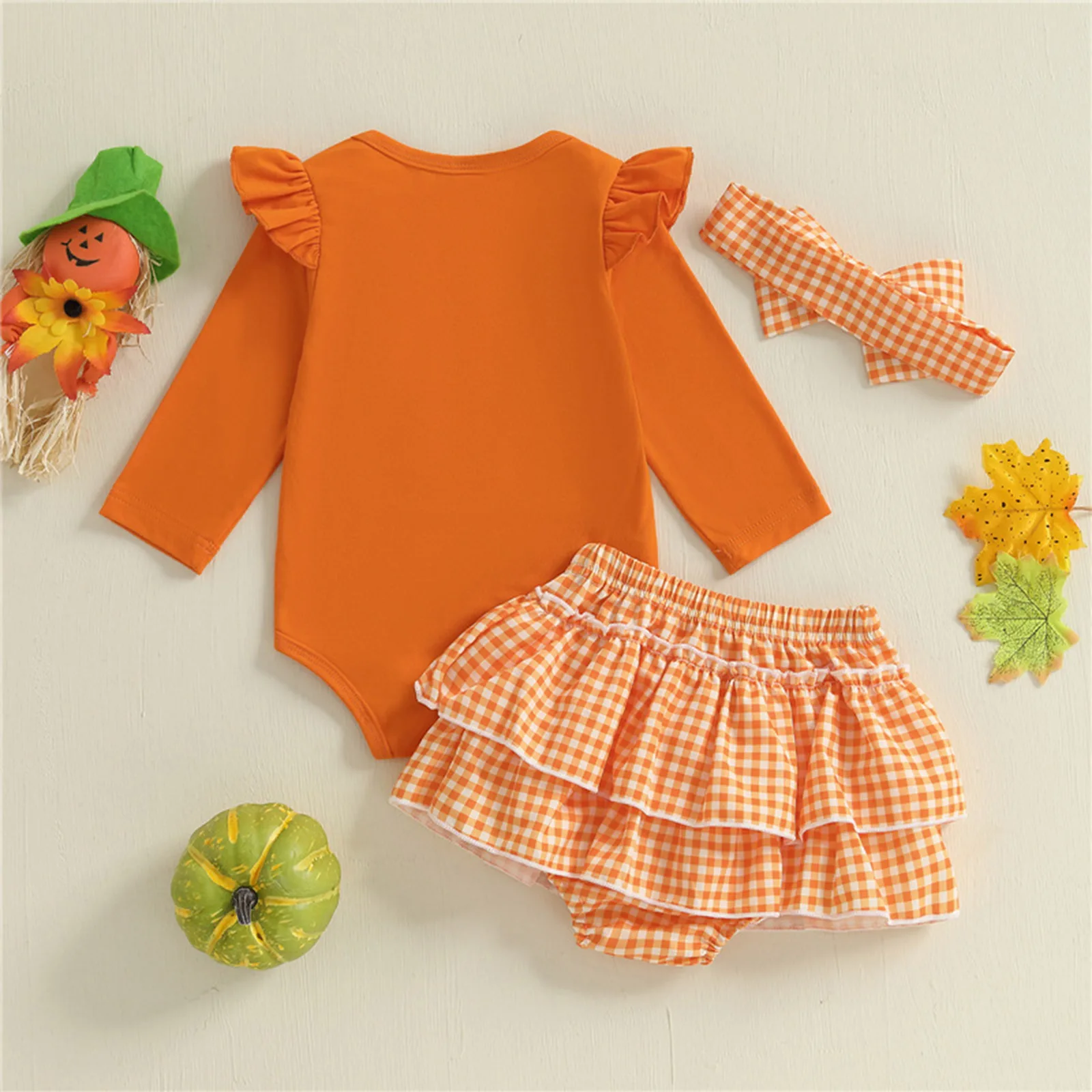 Infant Baby Girls Halloween Cute Pumpkin Clothes Outfits Ruffles Long Sleeves Romper with Tiered Ruffled Plaid Skirt Head Band