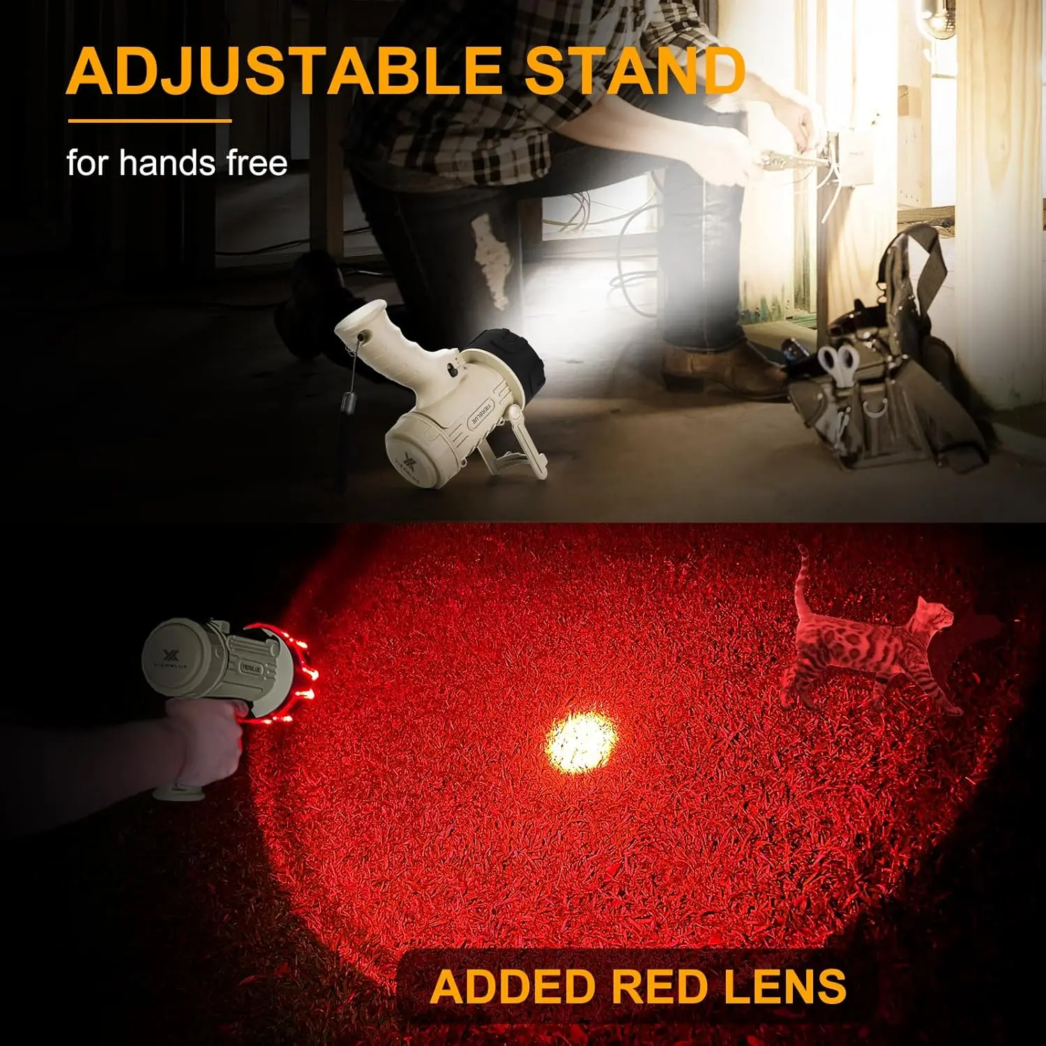 Rechargeable Spotlight with 1000000 Lumen LED, IP67 Waterproof, Long Runtime, Foldable Stand & Red Lens