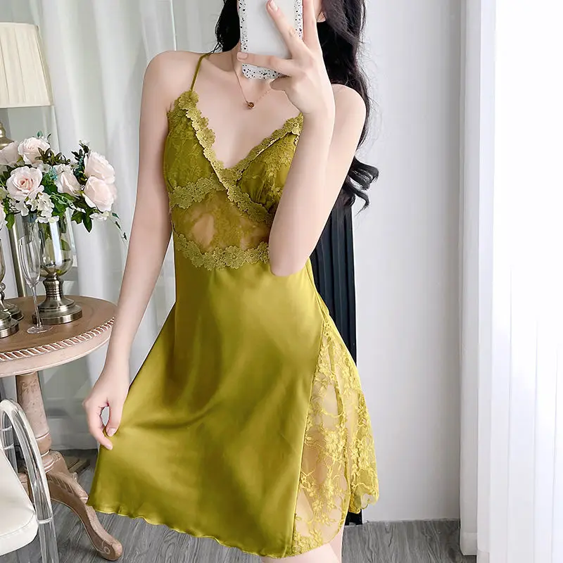 Comfortable and Gentle Sleepwear Women New Spring and Summer Sexy Back Ice Silk Style with Breast Cushion Lace Halter Nightdress