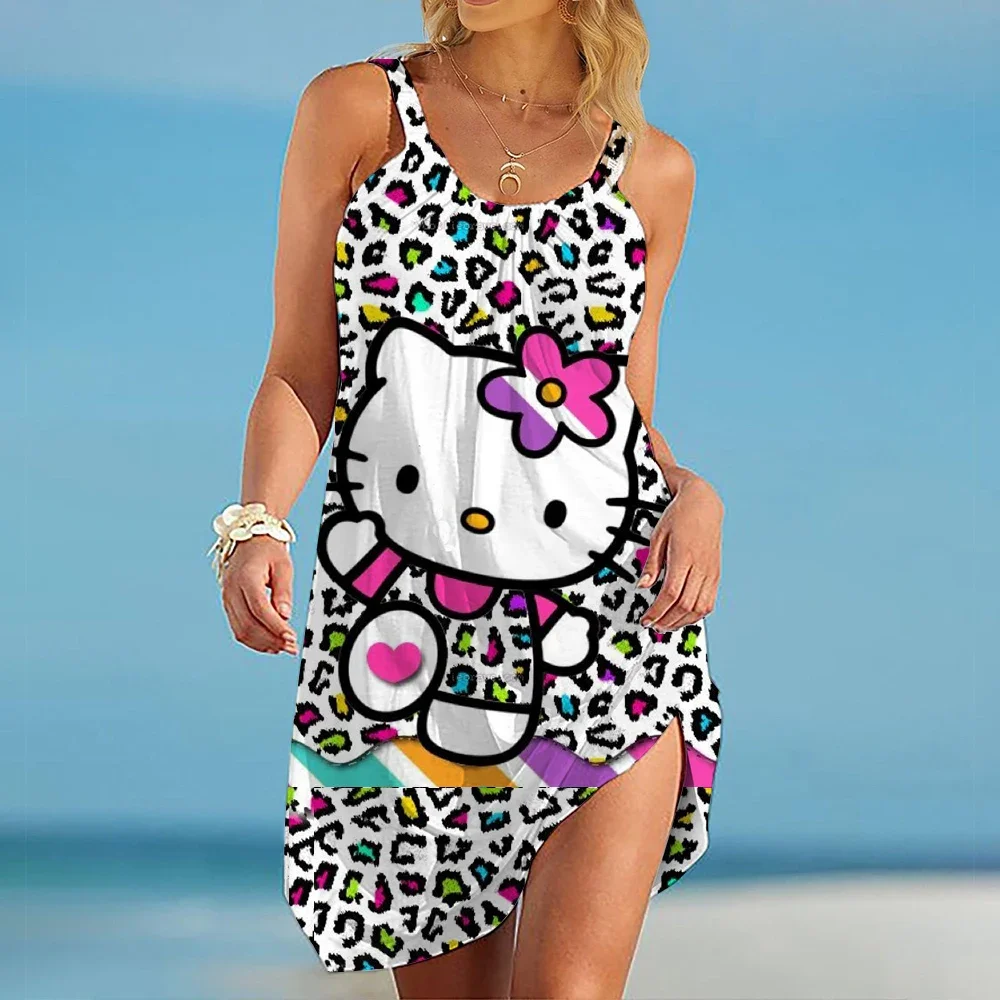여성을위한 우아한 드레스 섹시한 패션 헬로 키티 여성 드레스 여름 여성 비치 보헤미안 루즈 프린트 헬로 키티 패션 소녀