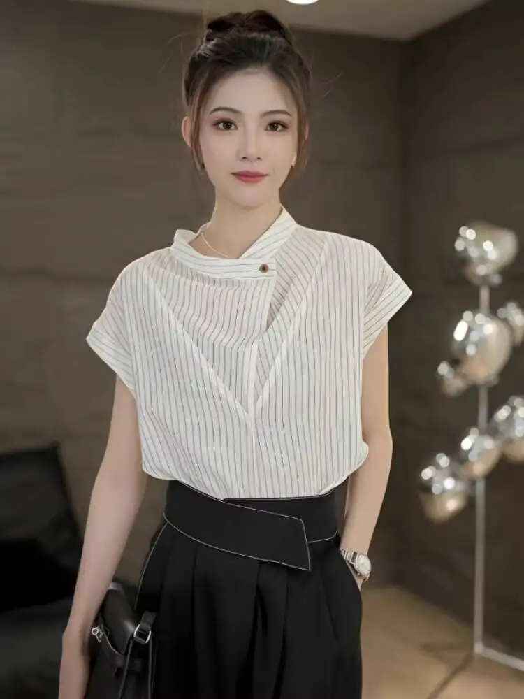 

2026 Summer New Women's White Striped Ruffle Sleeve Shirt Loose Stand Collar Irregular Hem Sleeveless Casual Commute Blouse Tops