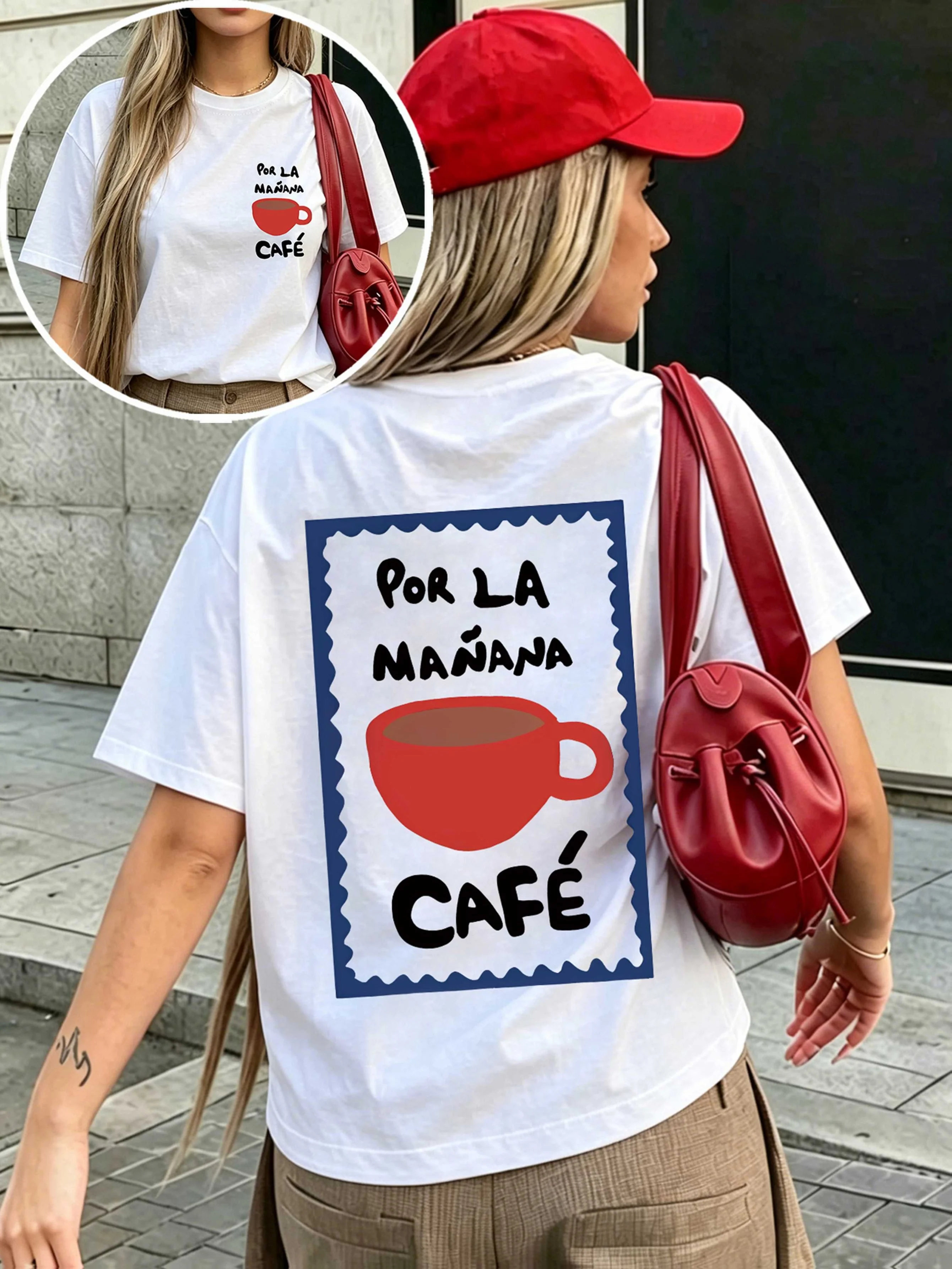 Elegant Women's T-shirt Por La Ma Ñ Ana Retro Red Coffee Cup Print Date City Roaming Weekend Picnic Casual Comfortable T-shirt