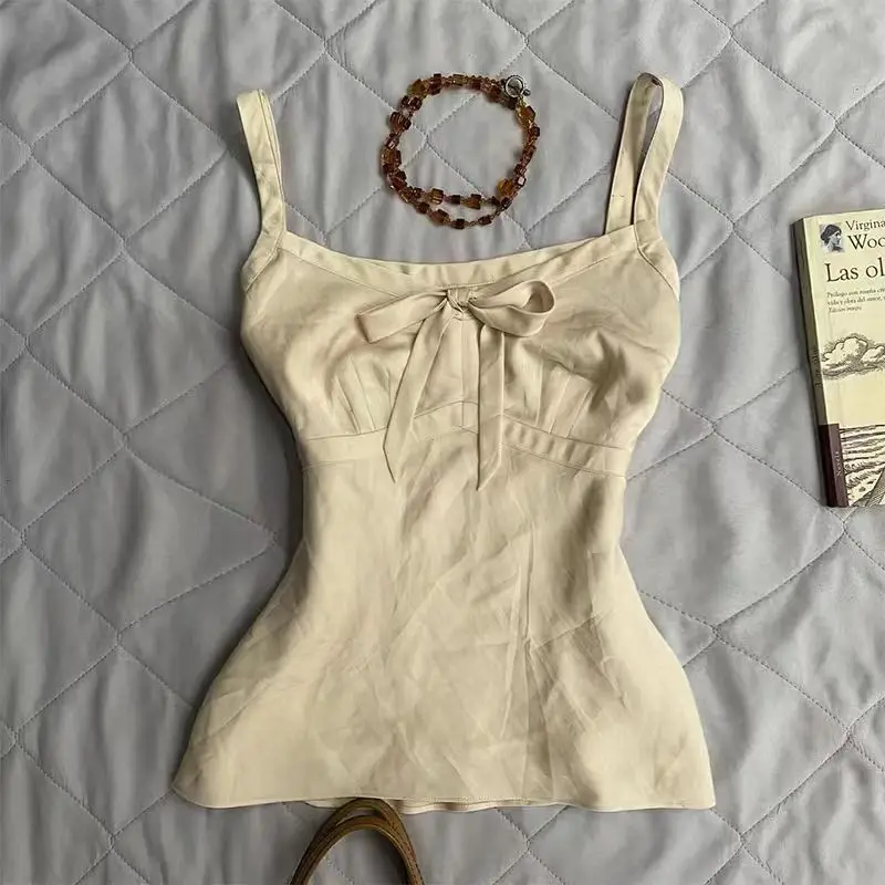 

Милый жилет Y2k Одежда Укороченный топ Harajuku Корея Сексуальные майки Ретро Элегантные топы 2000-х годов Сказочный летний бант Модная базовая футболка Шикарная