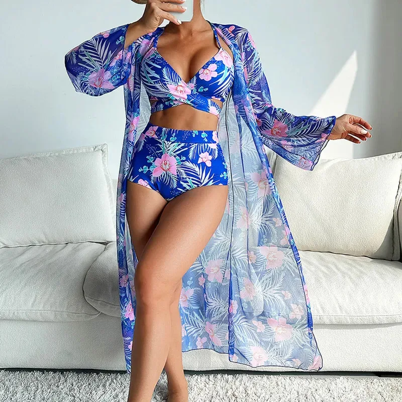 Traje de baño para mujer, Bikinis de cintura alta con Control de barriga, conjunto de Bikini Sexy de 3 piezas, traje de baño para cubrir, 2024