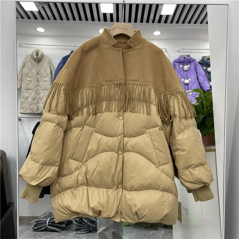 겨울 양면 태슬 중간 길이 다운 재킷 여성 화이트 덕다운 스탠드 칼라 따뜻한 재킷 여성 파카 퀼팅 아우터