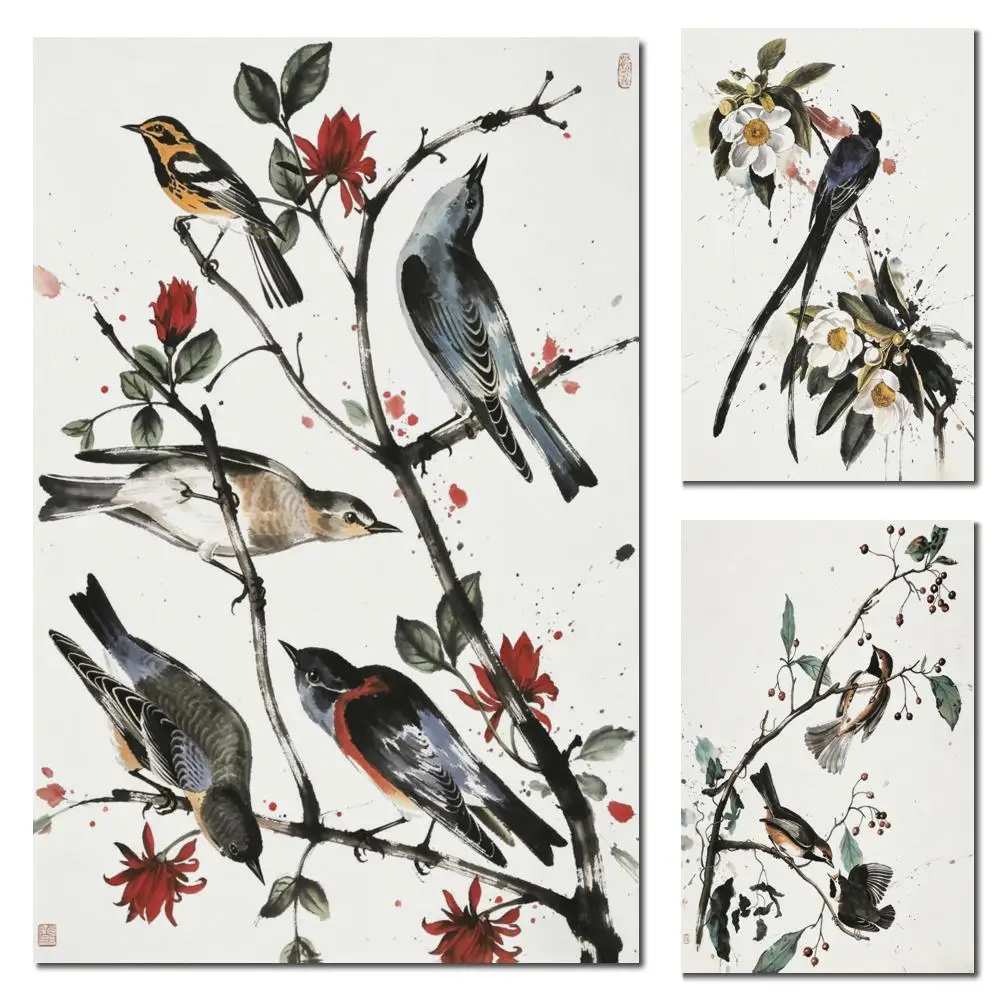 Oversize Minimalist Contemporary Splash Ink HD Canvas Print Flycatcher Botanical Bird Wall Art for Living Room Hallway Decor