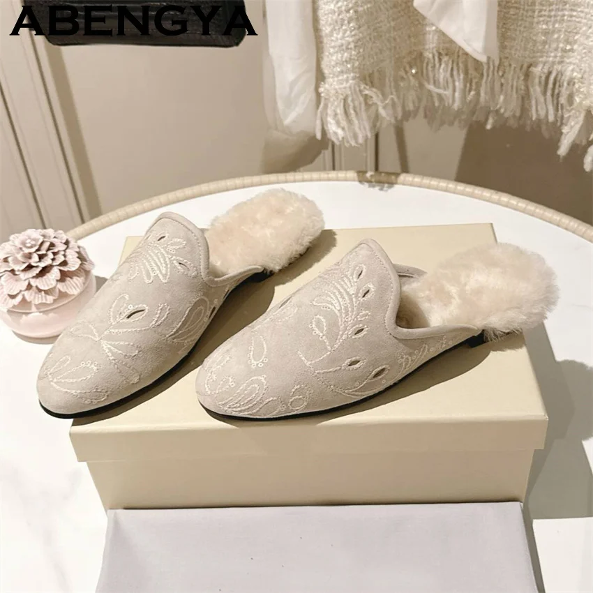 Suede Embroidery Round Wrap Toe Warm loafers Slippers Women Winter Comfort Wool Mules Flat Slippers Woman Casual Punk Slippers