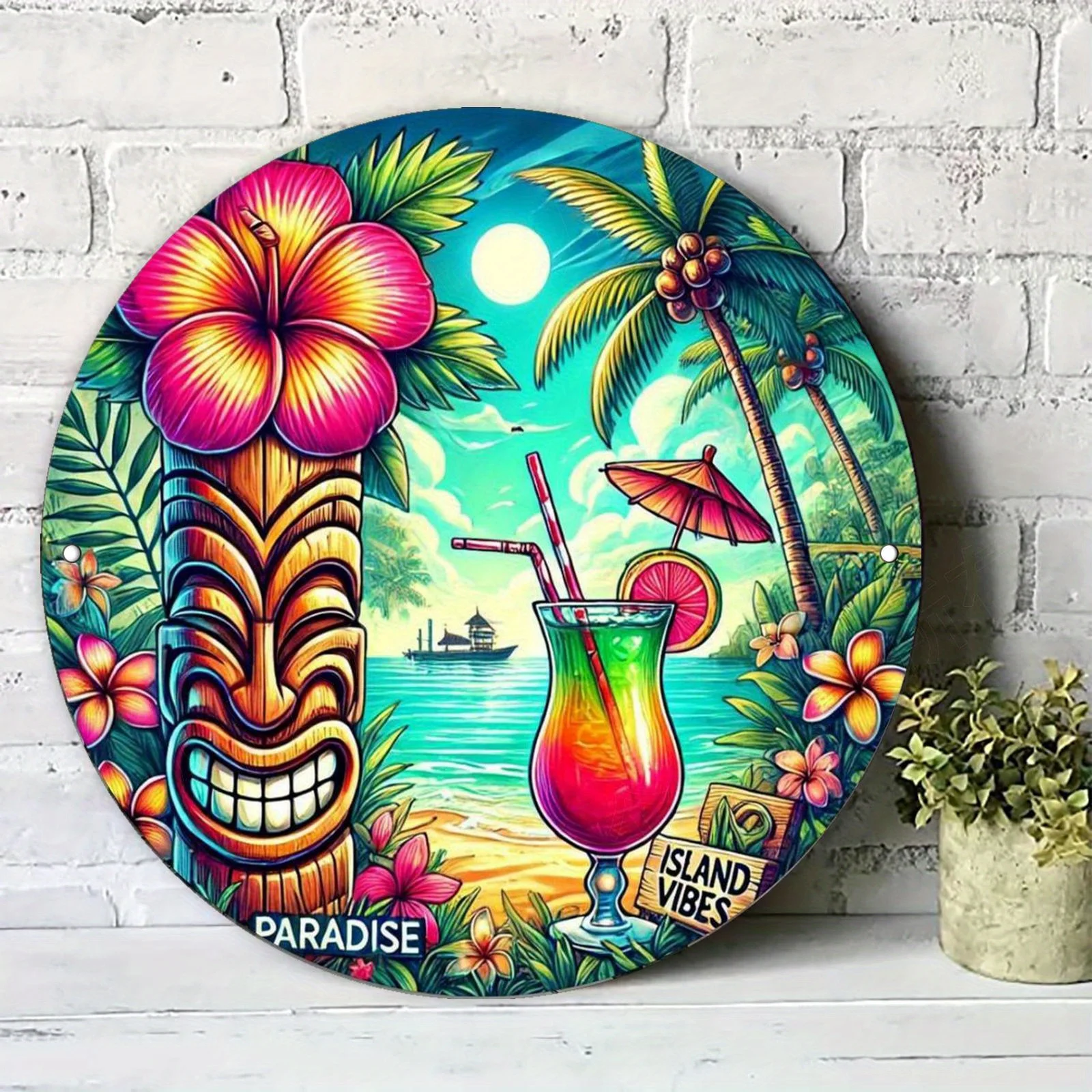 Cuadro en 2D - Bar Tiki en un paraíso tropical, arte de pared de madera - escenas vibrantes de la playa, ideal para decoración del hogar