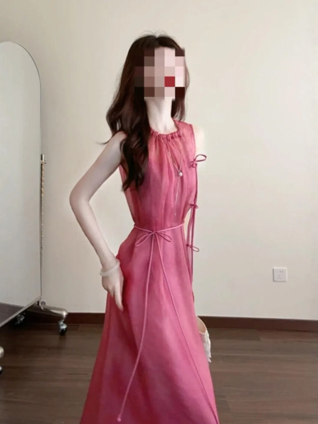 

Summer Vacation Style Beach Long Dress Slim Fit Unique Design Waist Cinched Vest Dress Cotton Material No Sleeve round Neck
