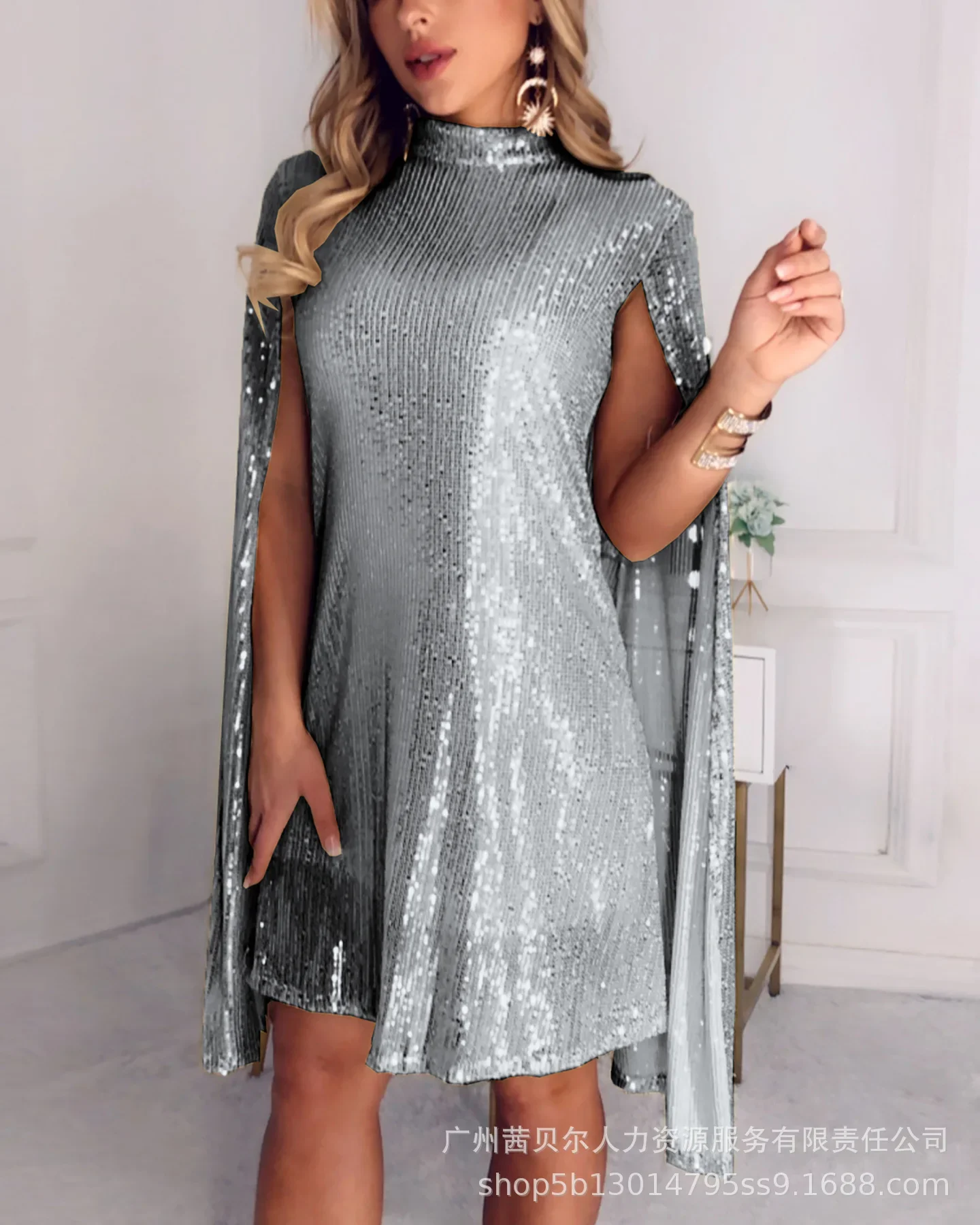 Damska sukienka z cekinami, jednokolorowa, z długim rękawem, modna, letnia, swobodna mini seksowna sukienka