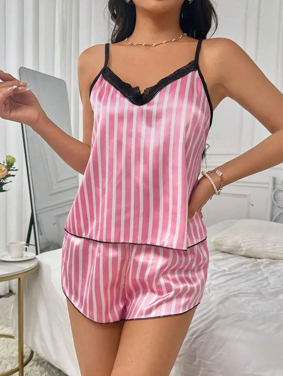 Womens Pink White Striped Lace Trim Cami Sleepwear Set