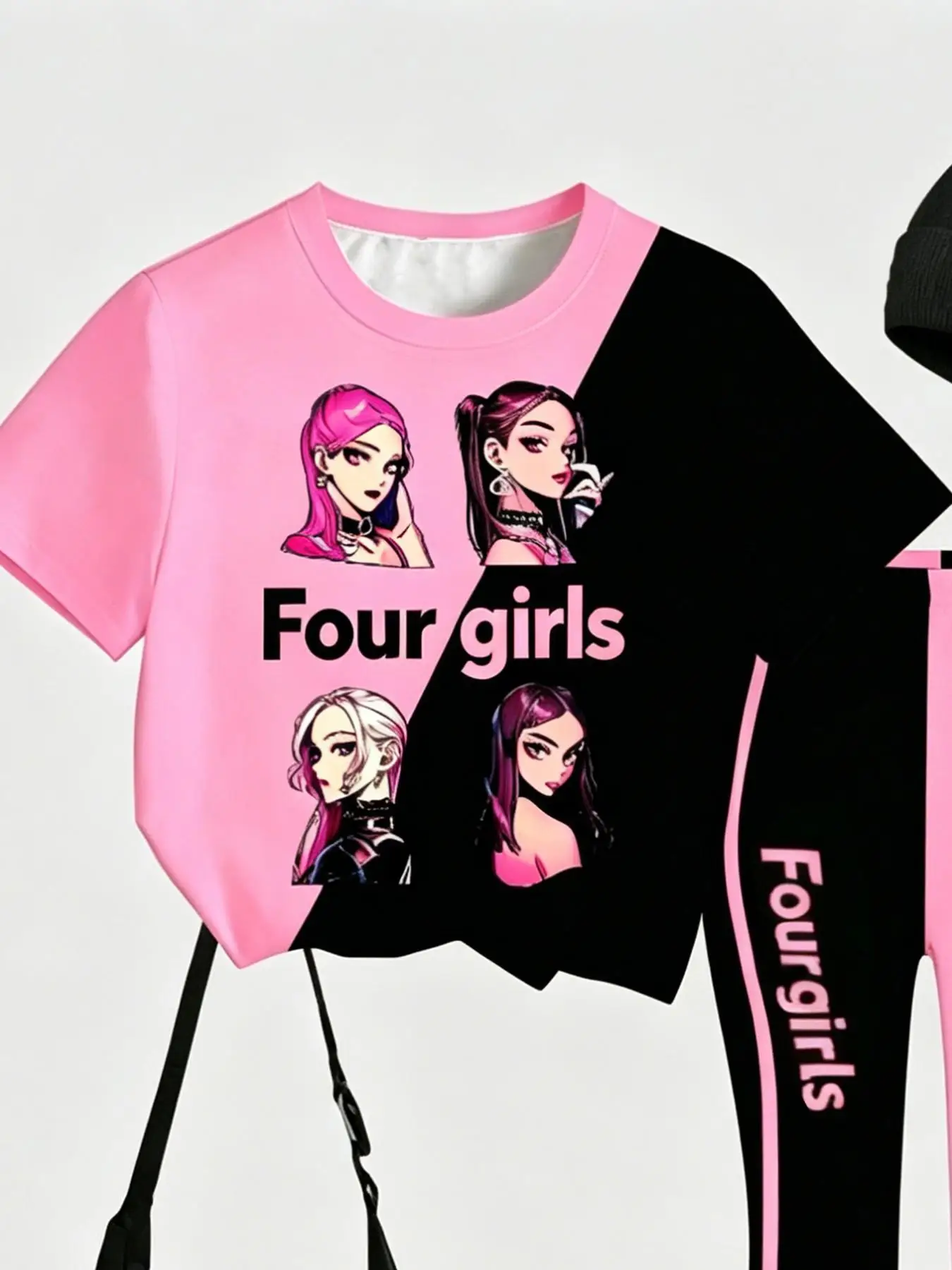 Sommer-Freizeitoutfit für Mädchen, bedrucktes Kurzarm-Set für Kinder, zweiteiliges Set mit schwarzem und rosa Patchwork-T-Shirt + ausgestellter Hose, trendige, vielseitige Kleidung mit Cartoon-Print, geeignet für Mädchen ab 3 Jahren – Detail 4