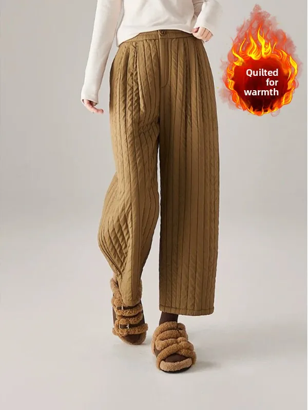 Calças retrô artísticas acolchoadas de algodão com pernas largas, cintura alta, corte reto, calças casuais, emagrecimento, calças de algodão quentes para plus S...