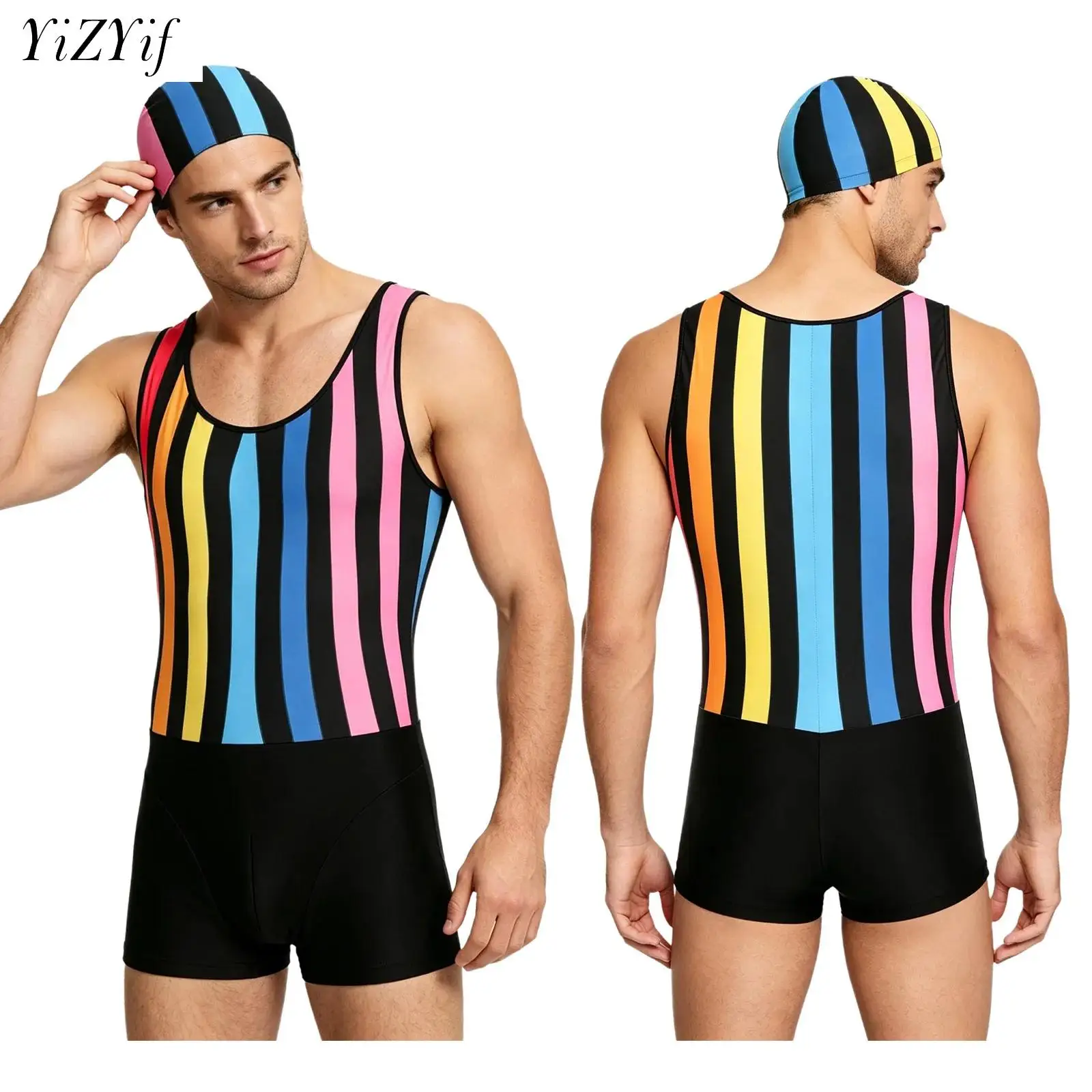 

Мужской быстросохнущий купальный комбинезон с шапочкой для плавания, без рукавов, в полоску, цельный, для спортзала, фитнеса и тренировок