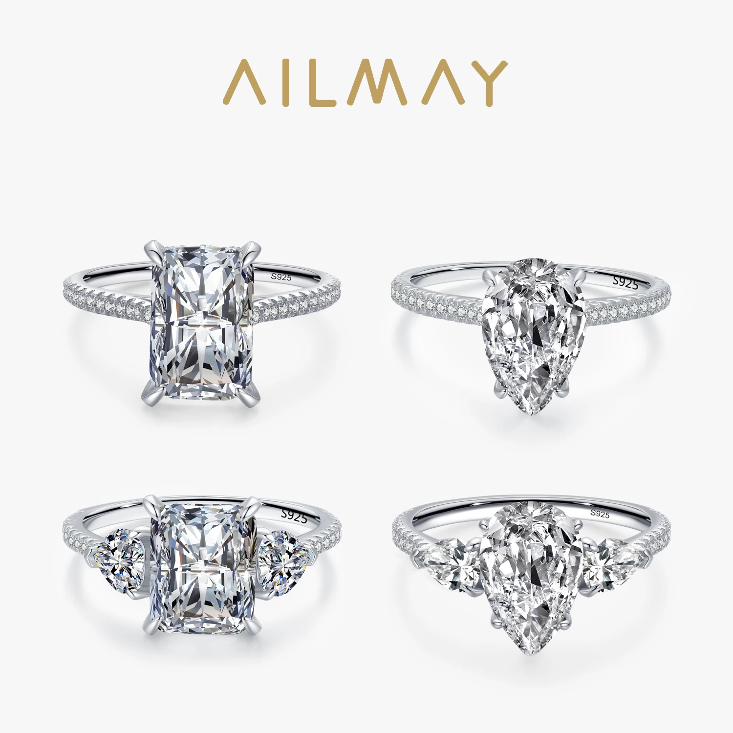 Ailmay Fashion 100% 925 Sterling Silver Finger Ring Classic Luxury Clear CZ Wedding Jewelry For Women Engagement Fine Gift