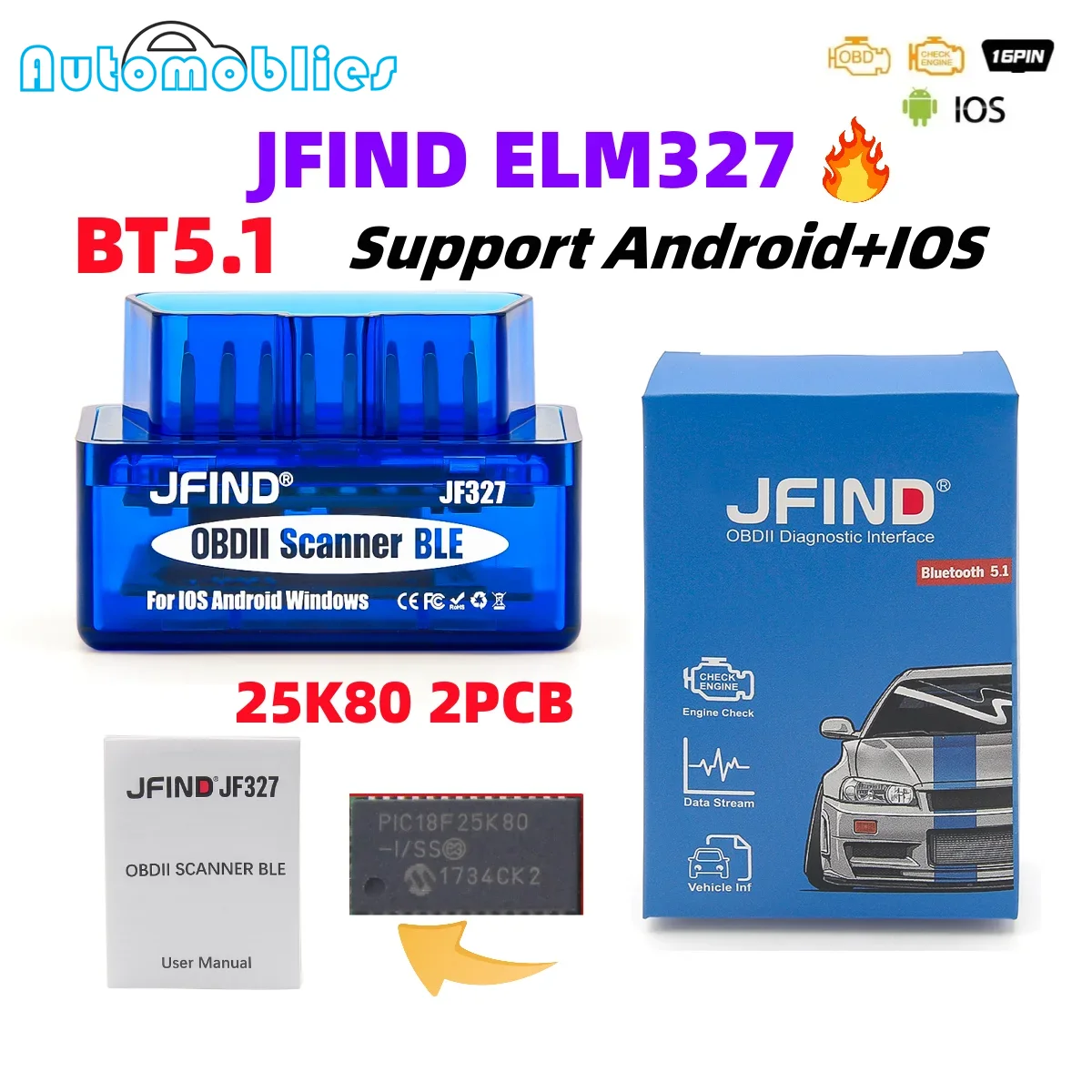 JFIND ELM327 V1.5 OBD2 Bluetooth 5.1 PIC18F25K80 Auto Scanner For Android IOS Code Reader OBD2 Car Diagnostic Tool elm 327 V1 5